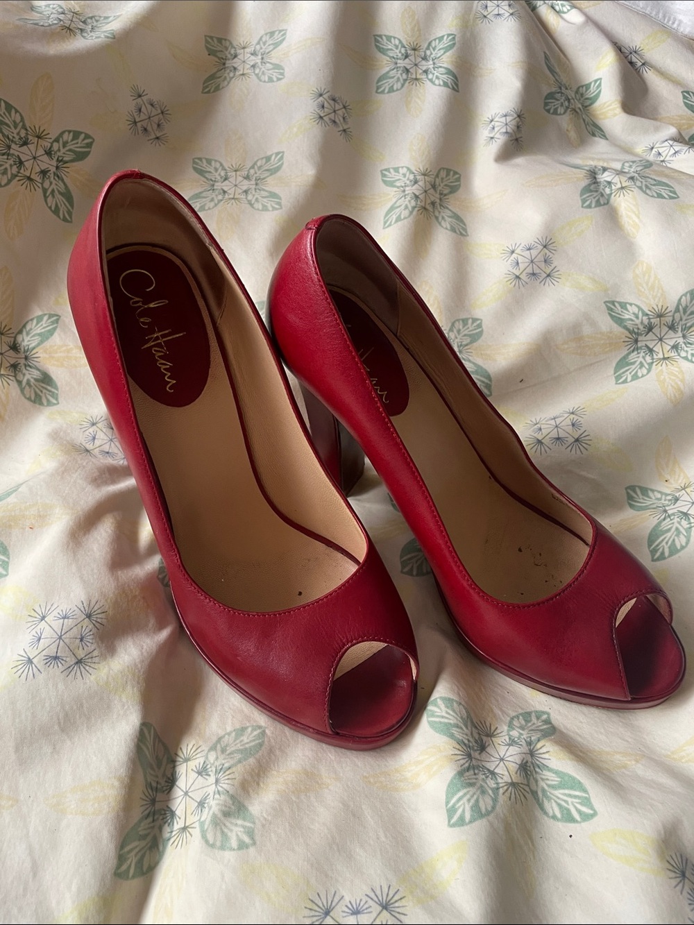 Cole Haan Red Peep-Toe Leather Heels